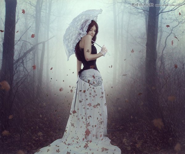 Photoshop合成森林中正在漫步的打傘女孩 三聯