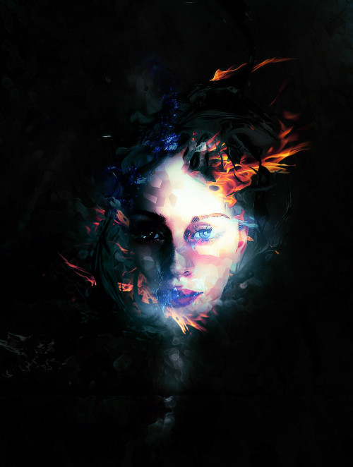 Photoshop制作彩色火焰中的抽象女性頭像圖片 三聯