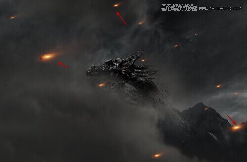 Photoshop合成超酷的火焰龍山效果圖,PS教程,素材中國