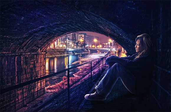 Photoshop中合成非常唯美的女孩與橋夜景圖 三聯