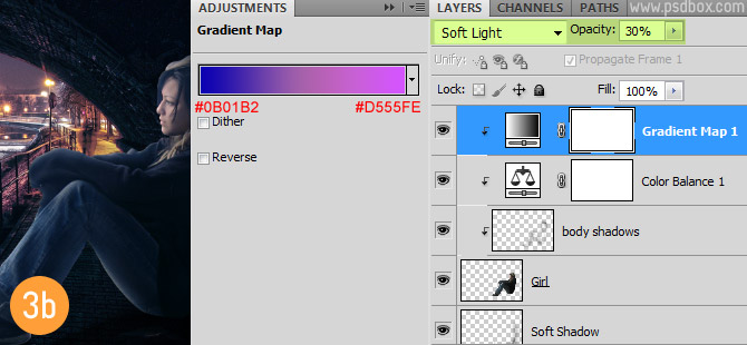 3b gradient map 在Photoshop中合成非常唯美的女孩與橋夜景圖