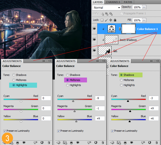 3 color balance 在Photoshop中合成非常唯美的女孩與橋夜景圖