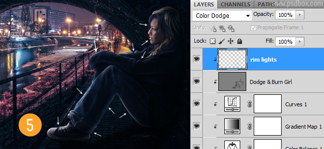 5 rim lights 在Photoshop中合成非常唯美的女孩與橋夜景圖