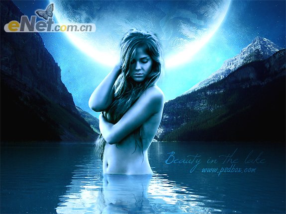 Photoshop合成藍色風格的美女湖光夜浴場景 三聯