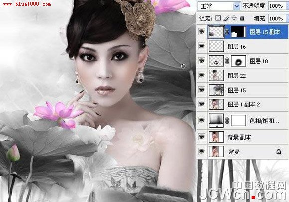 Photoshop合成古典荷花美女水墨畫