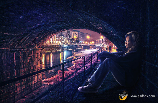 PS合成橋在洞中欣賞夜景的孤獨美女技巧 三聯教程