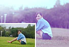 Photoshop給草地上的美女加上柔美的藍色調 三聯