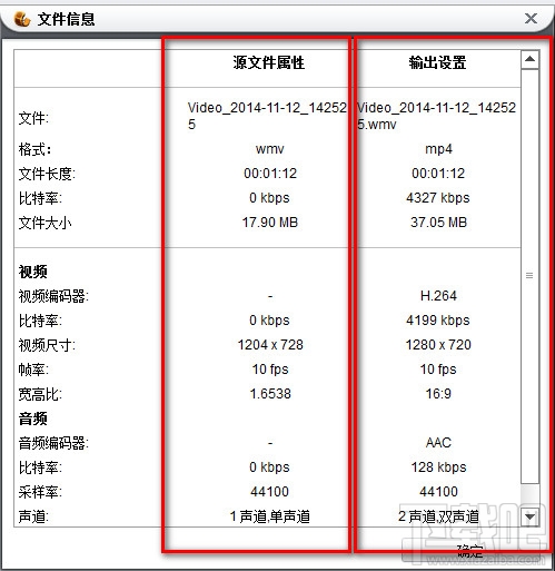 狸窩全能視頻轉換器看源文件跟輸出文件對比