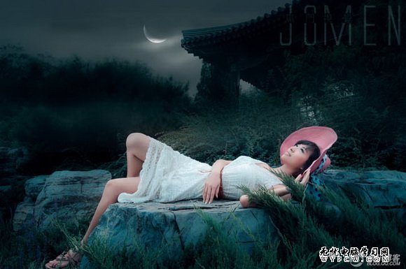 Photoshop把外景美女圖片轉為暗夜效果