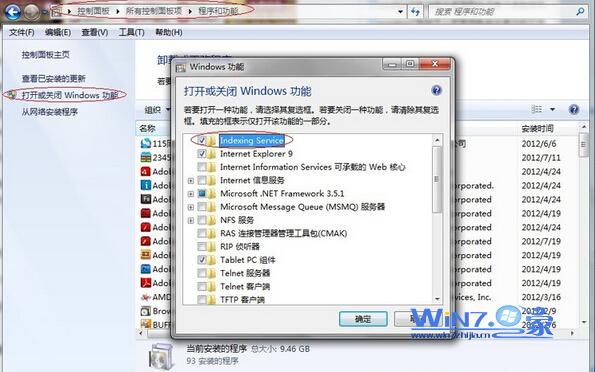 勾選“windows search”和“index  service”