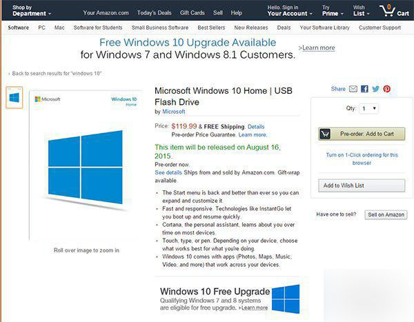 美亞馬遜開啟U盤版Win10預訂 家庭版120美元