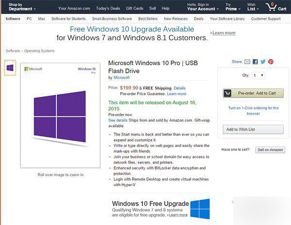 美亞馬遜開啟U盤版Win10預訂 家庭版120美元
