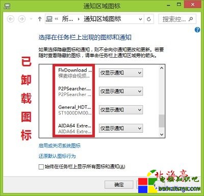 Win8通知區域已卸載程序圖標如何清除(適用於Win8.1)---Win8通知區域圖標設置界面