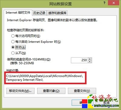 Win8系統IE臨時文件夾位置在哪---網站數據設置對話框截圖